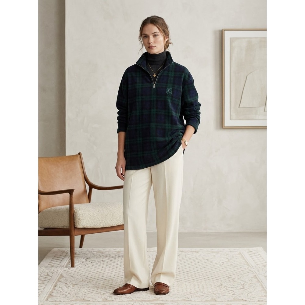 LAUREN Ralph Lauren Vintage Oversized Plaid Fleece Quarter Zip S Preppy Academia